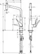 Hansgrohe Spültischmischer mit Ausziehauslauf, in chrom, abgebildet in technischen Zeichnungen mit Maße für Installation und Funktion.